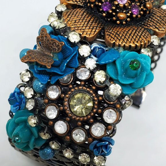 Victorian Steampunk High Detail Copper Turquoise Rose Rhinestone Cuff Bracelet - Picture 4 of 14